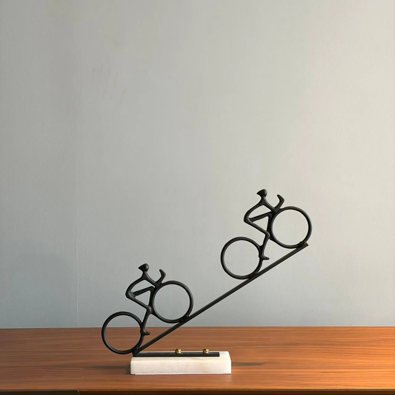 Iron Cyclist Sculpture with Marble Base