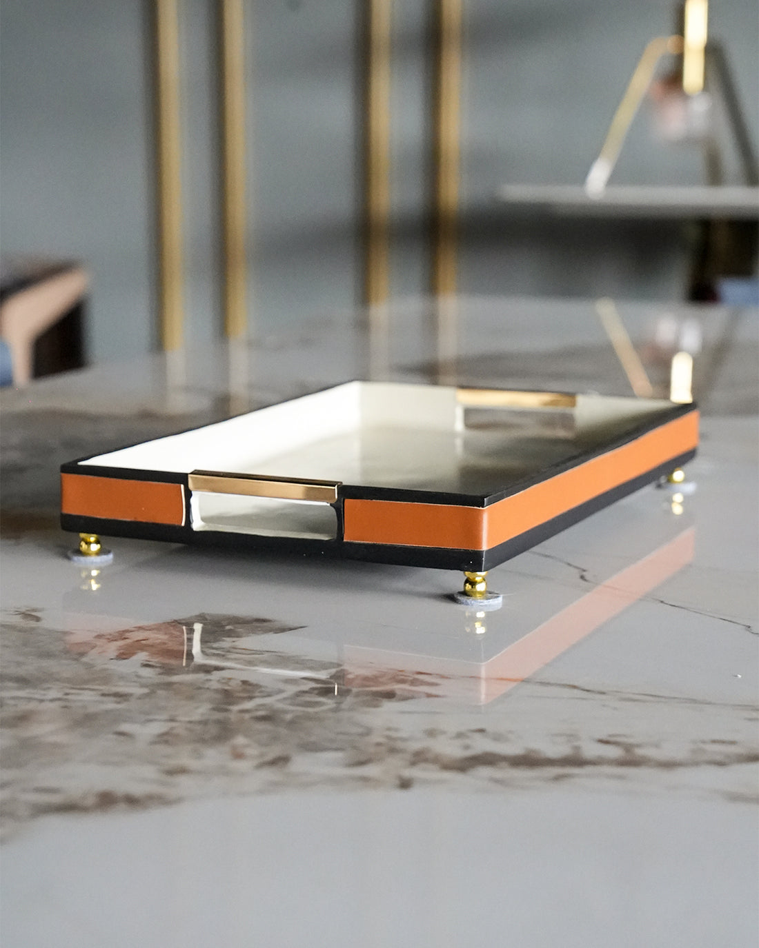 Orange Resin & Leather Accent Tray
