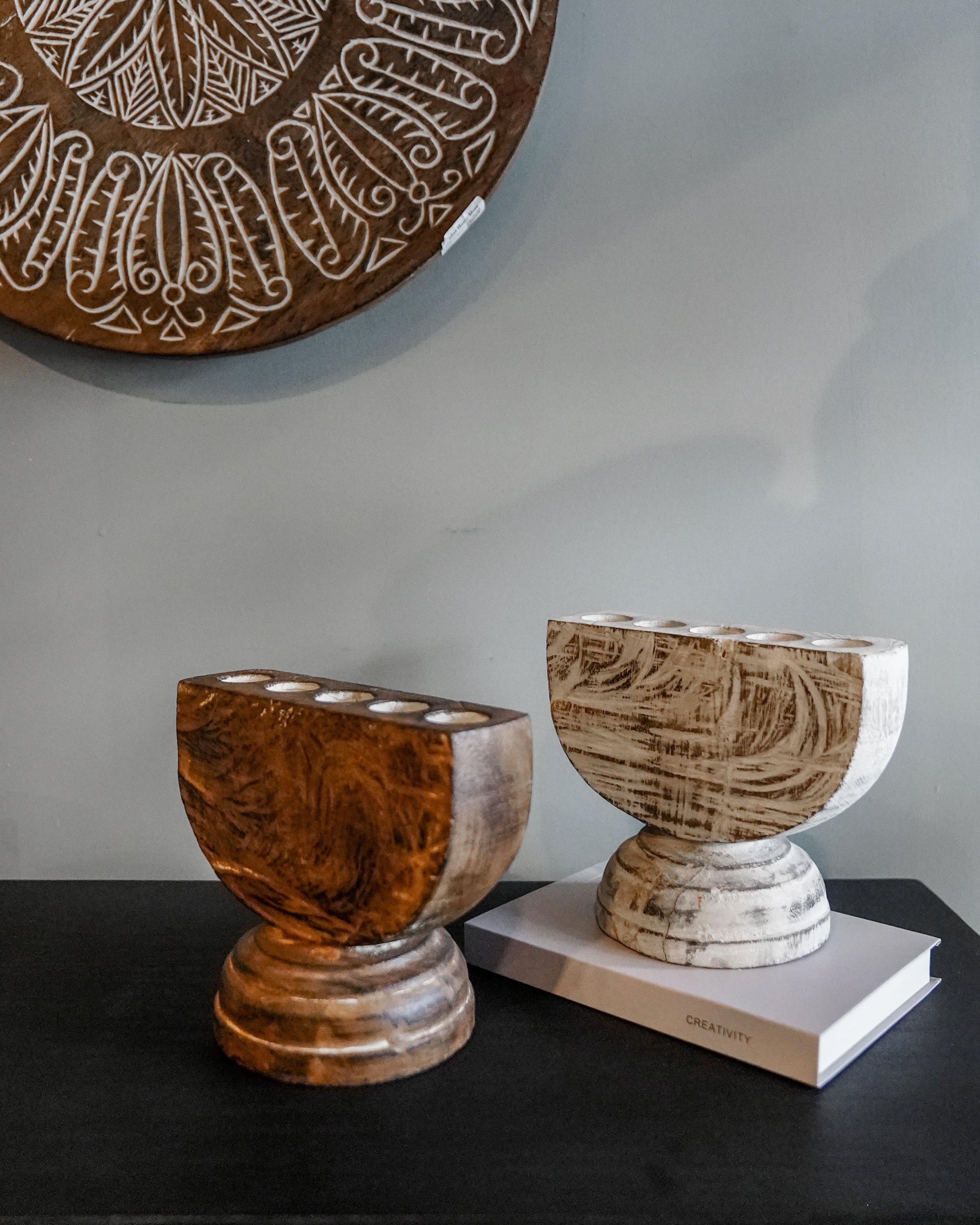 Rustic Half-Moon Wood Candle Holder