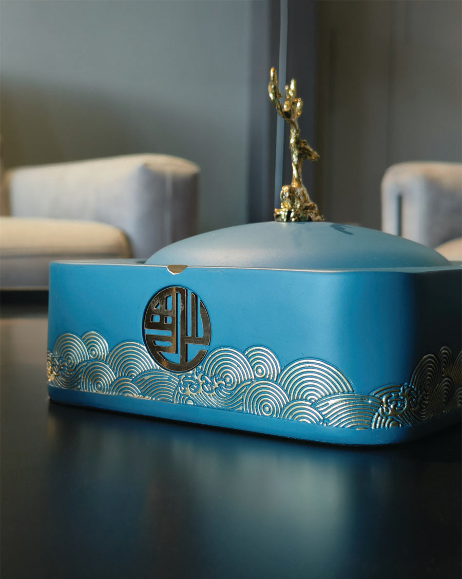 Blue & Gold Deer Lid Ashtray