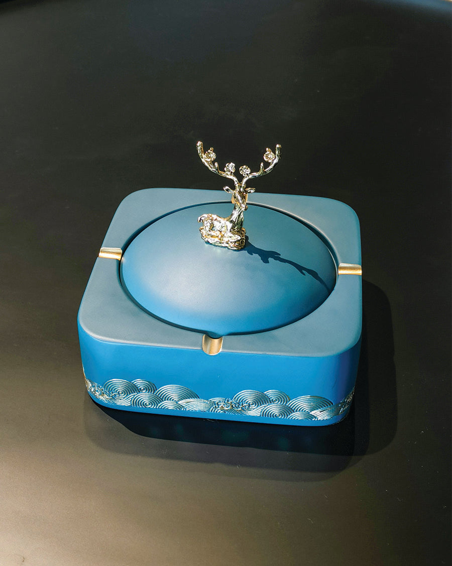 Blue & Gold Deer Lid Ashtray