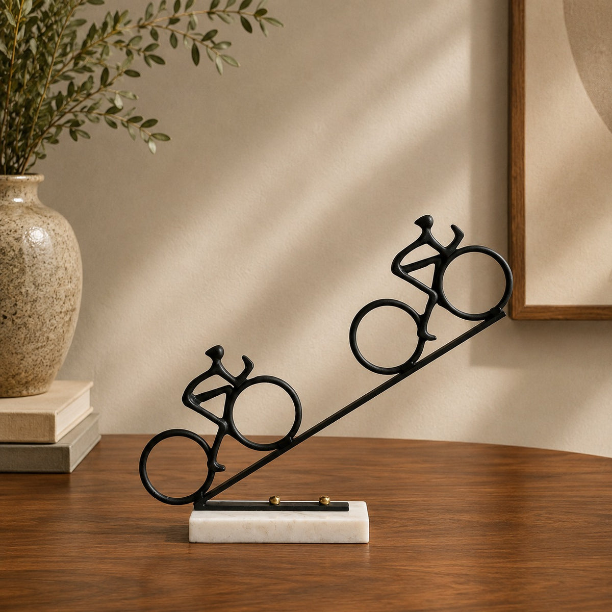 Iron Cyclist Sculpture with Marble Base