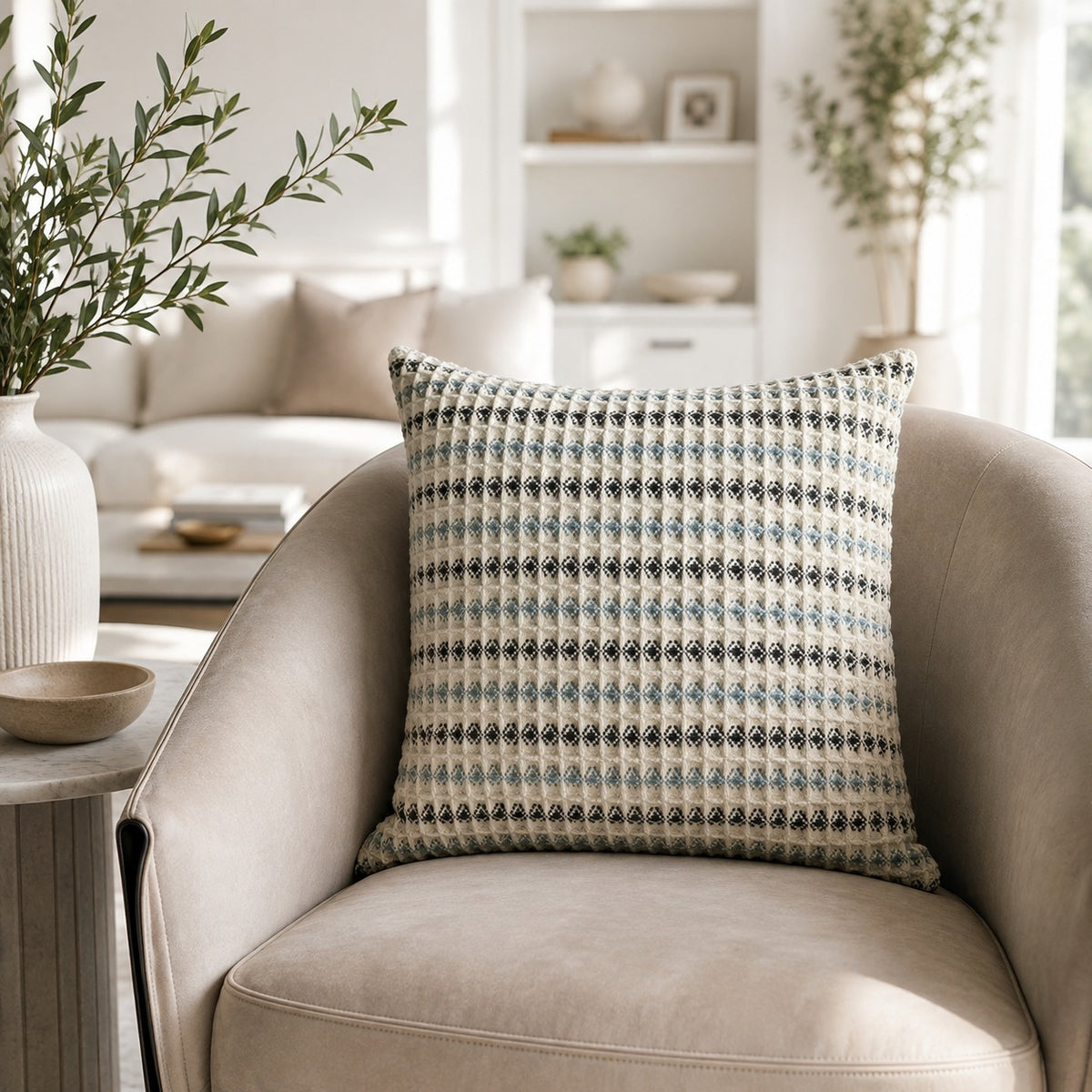 Embroidered Throw Pillow – Ivory & Blue