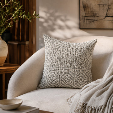 Embroidered Wool Cushion – Ivory & Silver