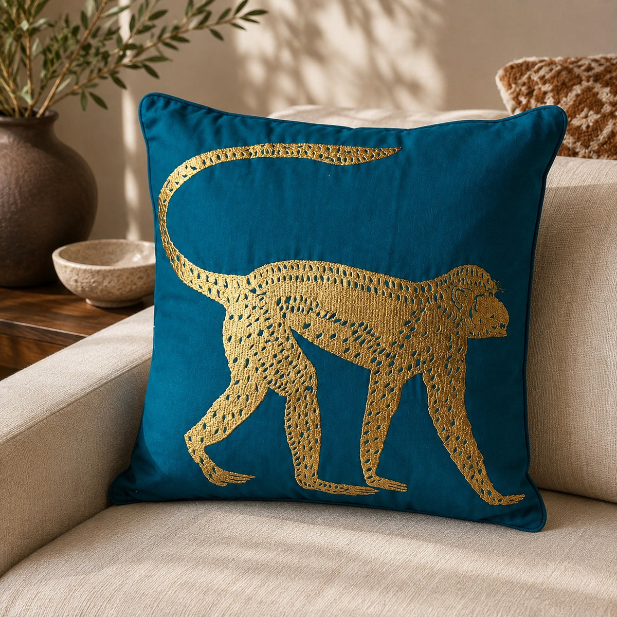 Monkey Embroidered Throw Pillow