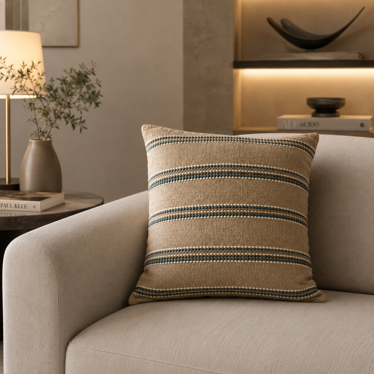 Striped Cotton Cushion – Taupe & Blue