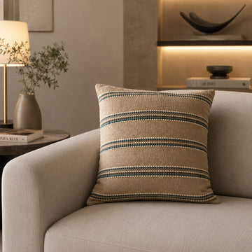 Striped Cotton Cushion – Taupe & Blue